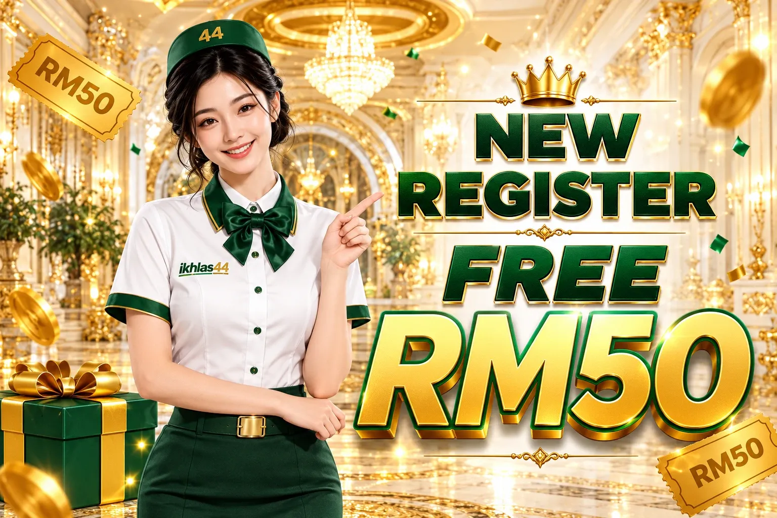 IKHLAS44 poster: the same uniformed hostess beside a gold crown and the words "NEW REGISTER FREE RM50", framed by RM50 tickets, falling coins and a green gift box.